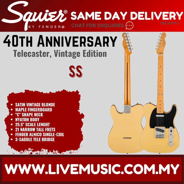Squier 40th Anniversary Telecaster Vintage Edition Electric Guitar, Maple FB, Satin Vintage Blonde