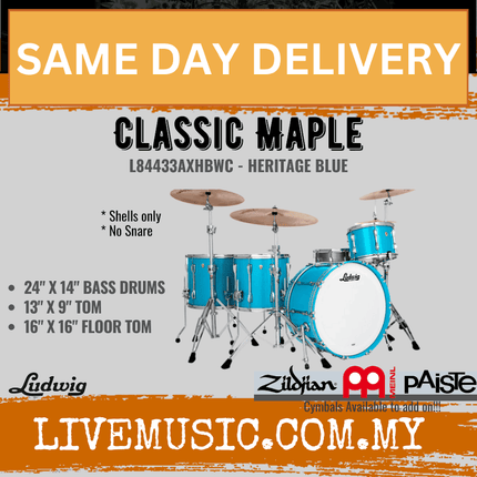 Ludwig L84433AXHBWC Classic Maple 3-Piece Pro Beat Drum Kit (24B/16F/13T), Heritage Blue
