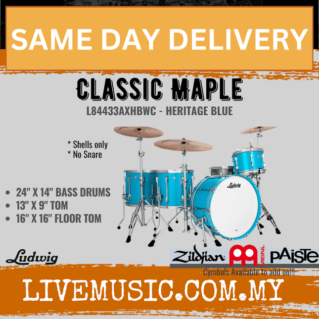 Ludwig L84433AXHBWC Classic Maple 3-Piece Pro Beat Drum Kit (24B/16F/13T), Heritage Blue