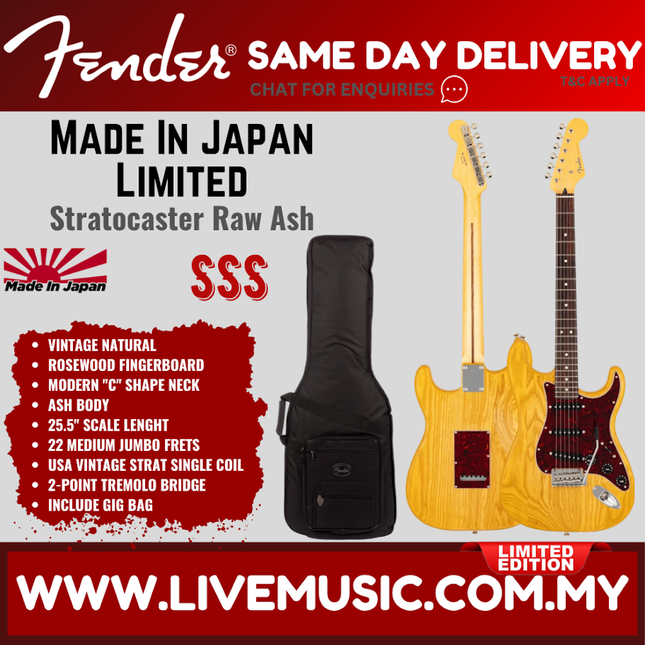 Fender MIJ Limited Stratocaster Electric Guitar, RW FB, Raw Ash Vintage Natural