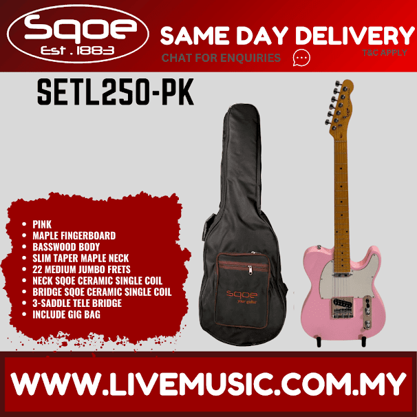 SQOE SETL250 Telecaster Electric Guitar w/Gig Bag, Maple FB - Pink ( SETL-250 / SETL 250 )