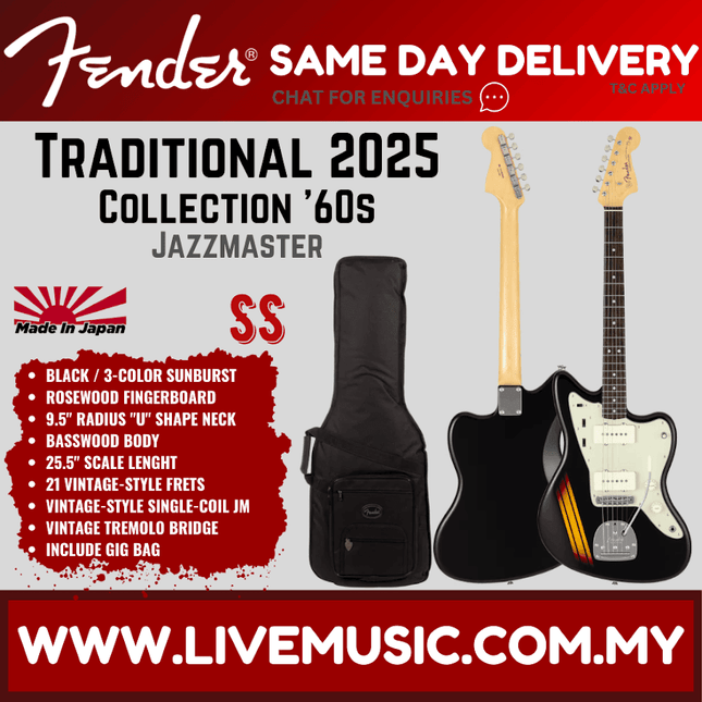 Fender Japan Traditional 2025 Collection 60s Jazzmaster Guitar, RW FB, Black / 3-Tone Sunburst