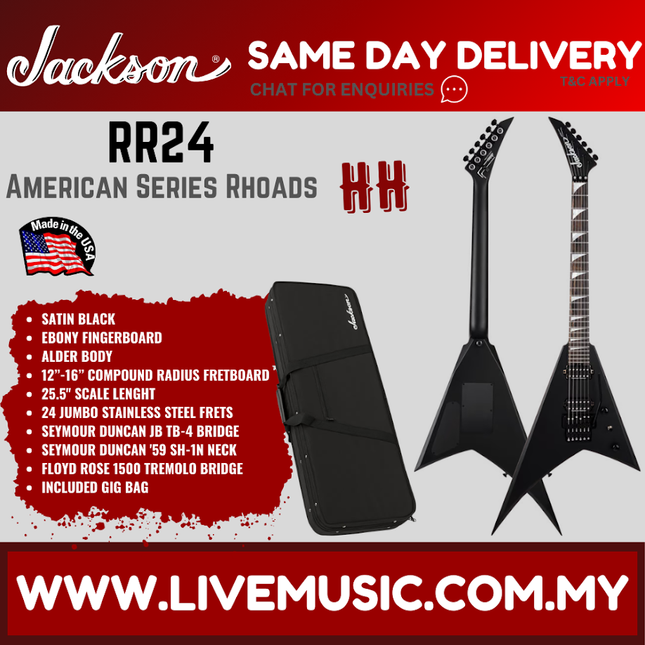Jackson RR24 American Series Rhoads Electric Guitar, Ebony FB, Satin Black ( RR-24 / RR 24 )