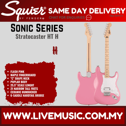 Squier Sonic Stratocaster HT H Electric Guitar w/White Pickguard, Maple FB, Flash Pink