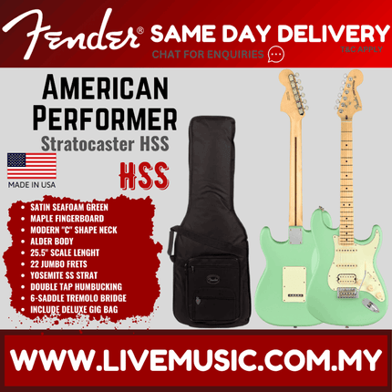 Fender American Performer HSS Stratocaster Electric Guitar, Maple Fretboard with FREE Deluxe GigBag, Satin Seafoam Green