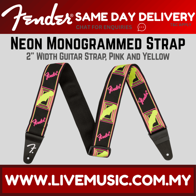 Fender neon monogram guitar strap with black base and pink/yellow geometric pattern