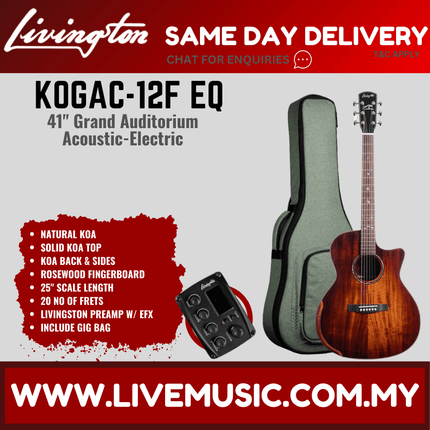 Livingston KOGAC-12F EQ Koa Solid Top Grand Auditorium Acoustic-Electric Guitar, RW FB - Natural ( KOGAC 12F KOGAC12F )