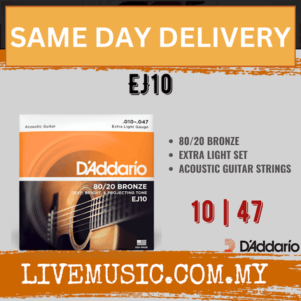 D'Addario EJ10 - 80/20 Bronze Acoustic Strings, Extra Light (10-47)(DAddario)
