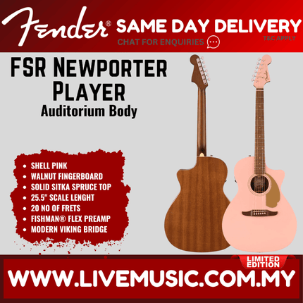 Fender FSR California Newporter Player Medium-Sized Acoustic Guitar, Walnut FB, Shell Pink