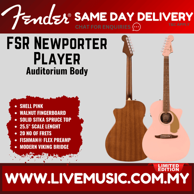 Fender FSR California Newporter Player Medium-Sized Acoustic Guitar, Walnut FB, Shell Pink
