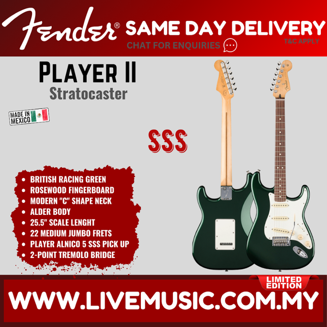 Fender Player II Stratocaster electric guitar in British Racing Green with rosewood fingerboard