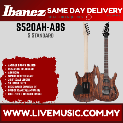 Ibanez S520AH-ABS S Standard Series Electric Guitar, Antique Brown Stained (S520AH ABS/S520AHABS)