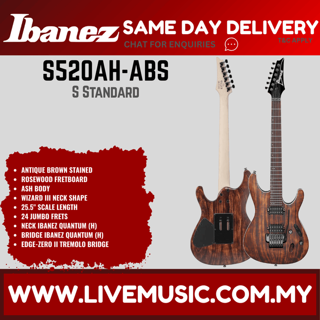 Ibanez S520AH-ABS S Standard Series Electric Guitar, Antique Brown Stained (S520AH ABS/S520AHABS)