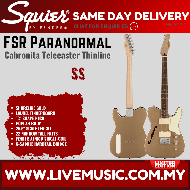 Squier FSR Cabronita Thinline Telecaster Electric Guitar, Laurel FB, Shoreline Gold