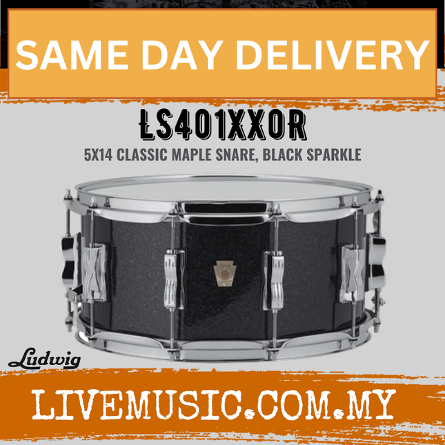 Ludwig LS401XX0R 5x14ich Classic Maple Snare Drum, Black Sparkle