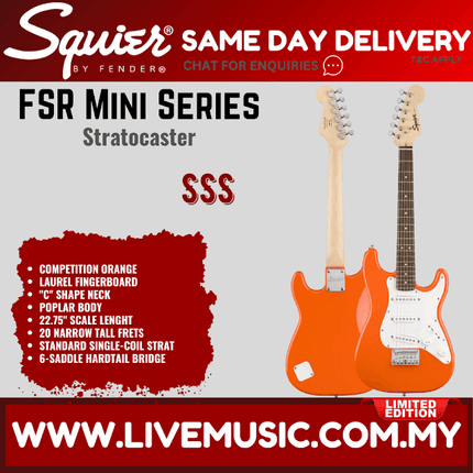 Squier FSR Mini Stratocaster Electric Guitar, Laurel FB, Competition Orange