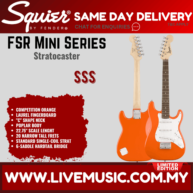 Squier FSR Mini Stratocaster Electric Guitar, Laurel FB, Competition Orange