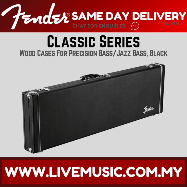 Black Fender Classic Series wood bass guitar case with metal latches and handle