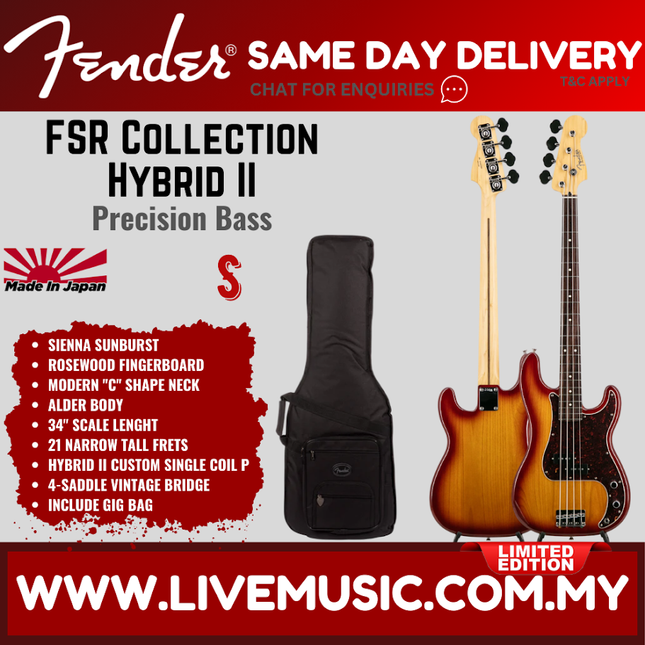 Fender FSR Collection Hybrid II Precision Bass Guitar, RW FB, Sienna Sunburst