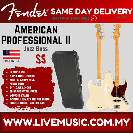 Fender American Professional II Jazz Bass Electric Guitar, Maple Fretboard - Olympic White