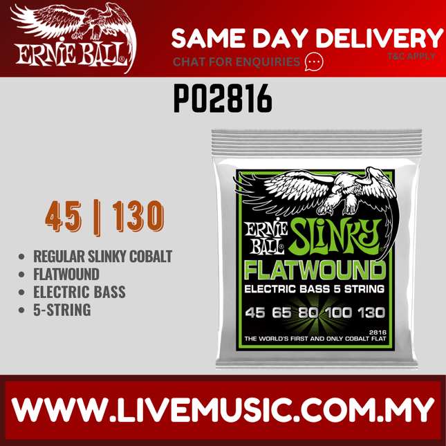 Ernie Ball 2816 Bass Guitar Strings 5-String Slinky Flatwound (45-130/EB2816)