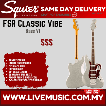 Squier FSR Classic Vibe Bass VI Electric Guitar, Laurel FB, Silver Sparkle