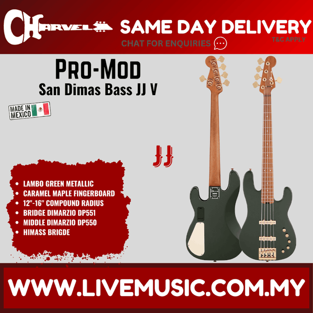 Charvel Pro-Mod San Dimas Bass JJ V Bass Guitar, Maple FB, Lambo Green Metallic