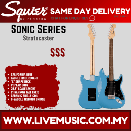 Squier Sonic Stratocaster Electric Guitar w/Black Pickguard, Laurel FB, California Blue