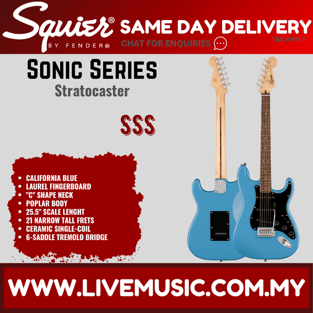 Squier Sonic Stratocaster Electric Guitar w/Black Pickguard, Laurel FB, California Blue