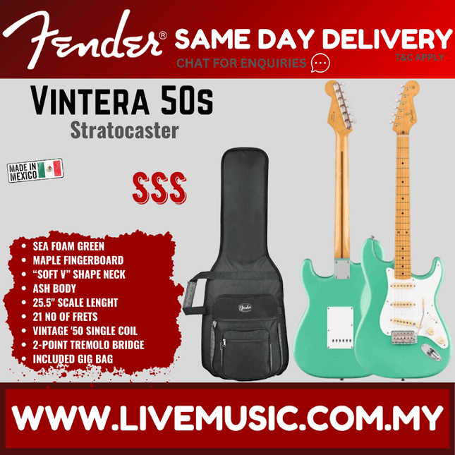 Fender Vintera 50s Stratocaster Electric Guitar, Maple Fretboard with Bag - Sea Foam Green