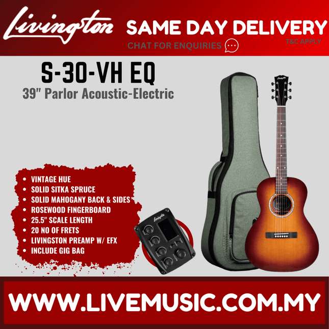 Livingston S-30 EQ 39" Full Solid Parlor Acoustic Guitar, Rosewood FB - ( S30 S 30 )