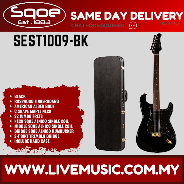 SQOE SEST1009 Stratocaster Custom HSS Electric Guitar w/Hardcase, Rosewood FB  - Black ( SEST-1009 / SEST 1009 )