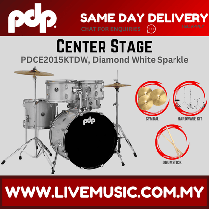 PDP Center Stage 5-piece Complete Drum Set with Hardware, Stool and Cymbal - Diamond White Sparkle ( PDCE2015KT )