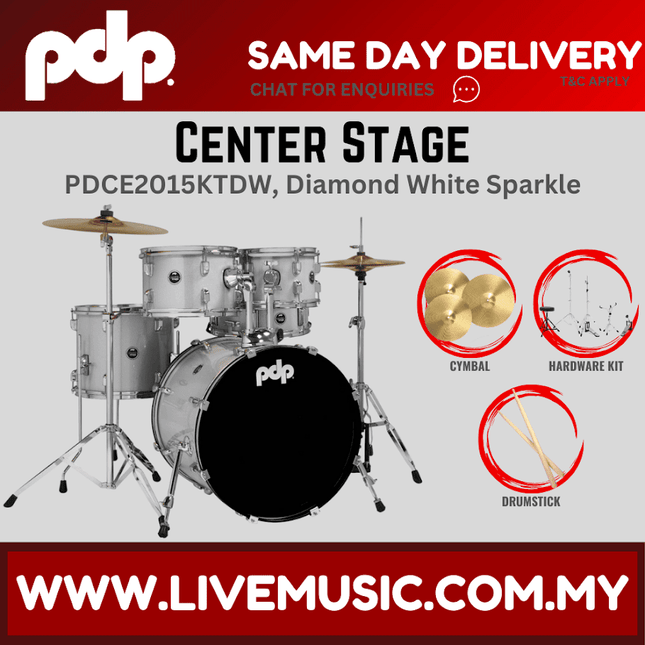 PDP Center Stage 5-piece Complete Drum Set with Hardware, Stool and Cymbal - Diamond White Sparkle ( PDCE2015KT )