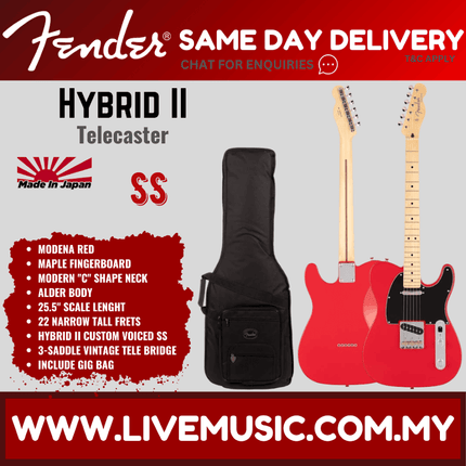 Fender Japan Hybrid II Telecaster Electric Guitar, Maple Fretboard with Gig Bag - Modena Red