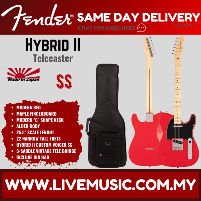 Fender Japan Hybrid II Telecaster Electric Guitar, Maple Fretboard with Gig Bag - Modena Red