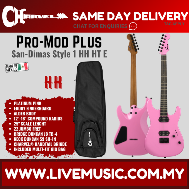 Charvel Pro Mod Plus San Dimas SD1 HH HT Electric Guitar, Ebony FB, Platinum Pink