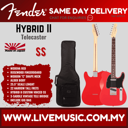 Fender Japan Hybrid II Telecaster Electric Guitar, Rosewood Fretboard with Gig Bag - Modena Red