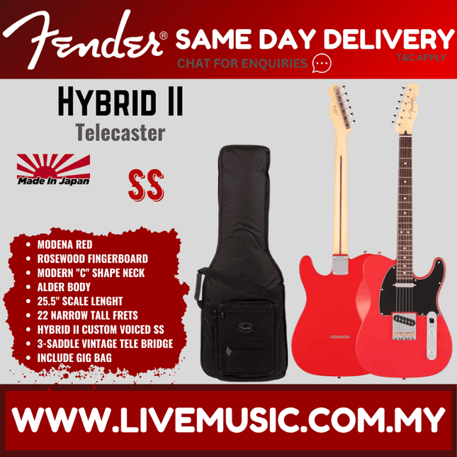 Fender Japan Hybrid II Telecaster Electric Guitar, Rosewood Fretboard with Gig Bag - Modena Red