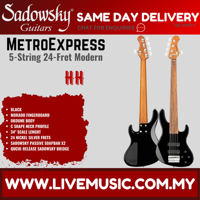 Sadowsky MetroExpress 24-Fret Modern 5-String Bass Guitar, Morado FB, Black