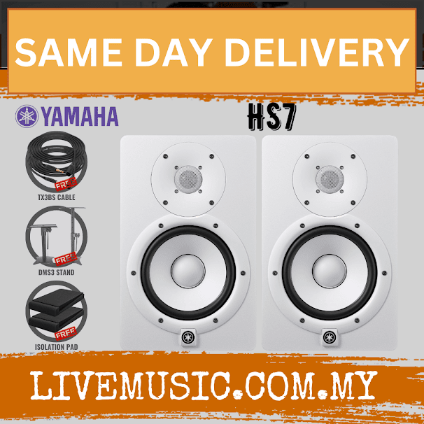 Yamaha HS7 Powered Studio Monitor with Desktop Monitor Stand, Isolation Pads and Cable - White ( HS 7 / HS-7 )