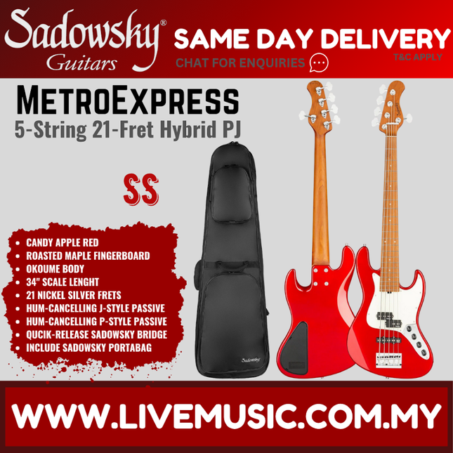 Sadowsky MetroExpress 21-Fret Hybrid PJ 5-String Bass Guitar, Maple FB, Candy Apple Red
