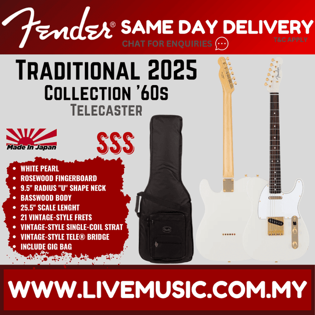 Fender Japan Traditional 2025 Collection 60s Telecaster Electric Guitar, RW FB, White Pearl