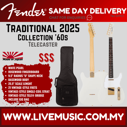Fender Japan Traditional 2025 Collection 60s Telecaster Electric Guitar, RW FB, White Pearl