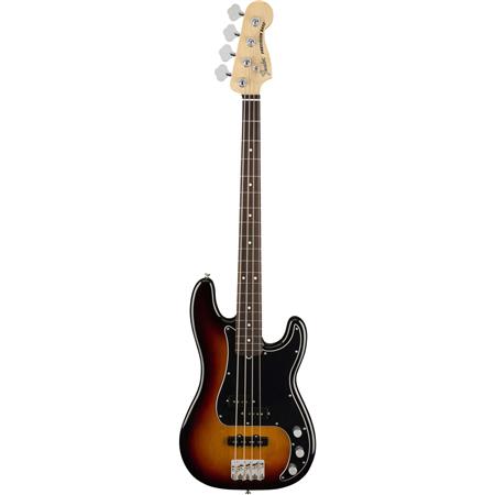 Standing sunburst Jazz bass guitar with light maple neck and chrome tuning keys