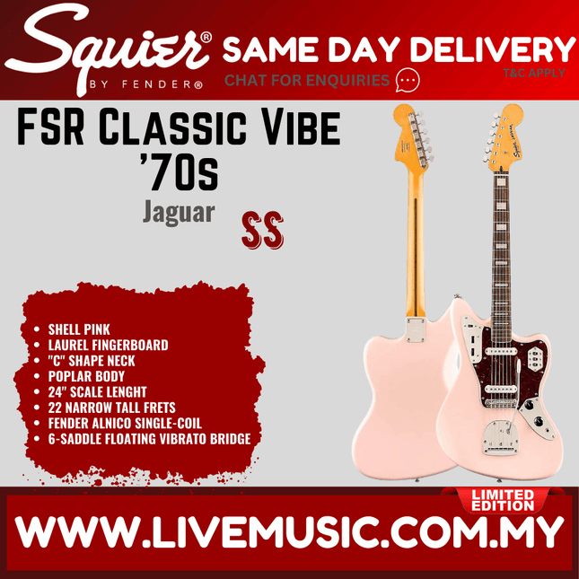 Squier FSR Classic Vibe 70s Jaguar Electric Guitar, Laurel FB, Shell Pink