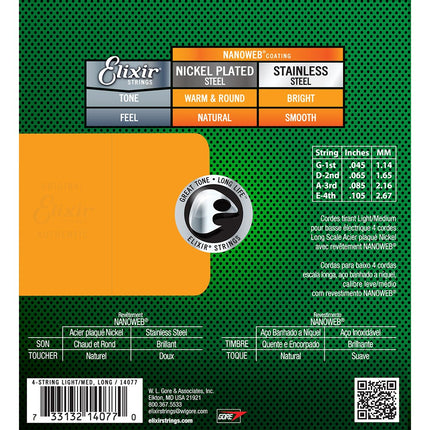 Elixir 14077 Nanoweb Medium Long Scale 4-String Electric Bass Strings (45-105)