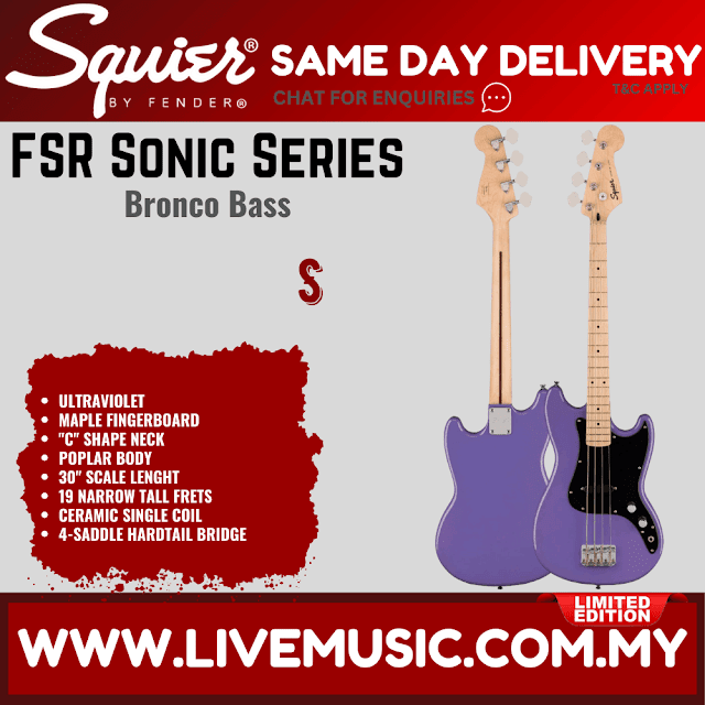Squier Limited Edition Sonic Bronco Bass Guitar w/Black Pickguard, Maple FB, Ultraviolet