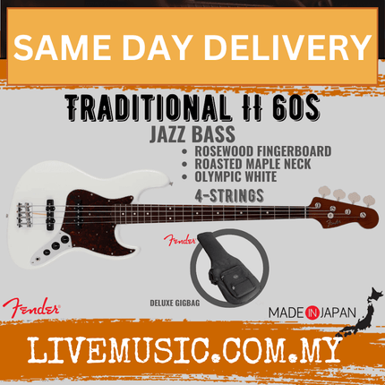 Fender Japan Traditional II 60s Jazz Bass Guitar, Roasted Maple Neck / Rosewood Fretboard - Olympic White
