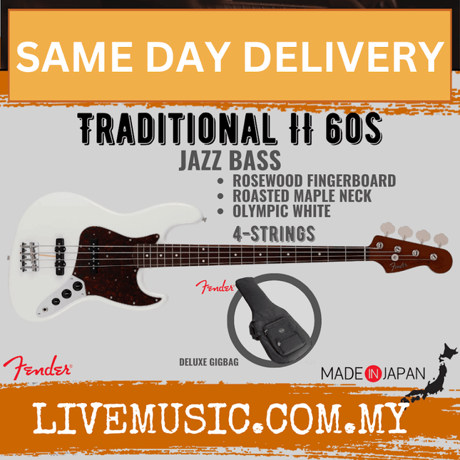 Fender Japan Traditional II 60s Jazz Bass Guitar, Roasted Maple Neck / Rosewood Fretboard - Olympic White